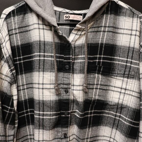 SO Cropped Shacket Hoodie Button Front Black White Check Tie Front - Picture 8 of 10